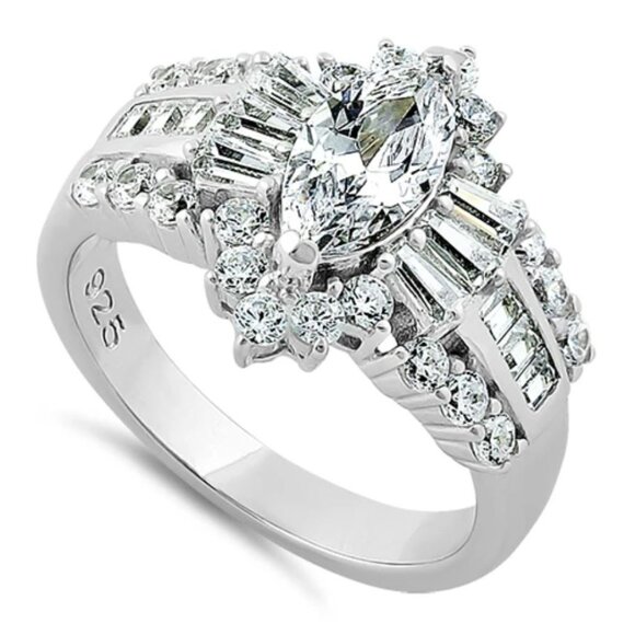925 STERLING SILVER Marquise & Baguette Cubic Zirconia Ring - Picture 13 of 13